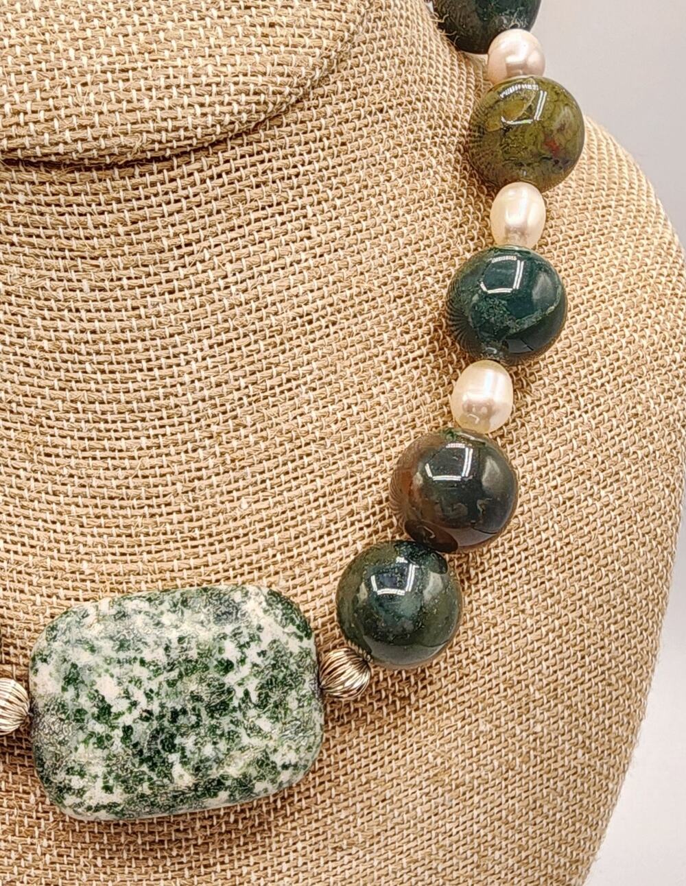 Green Spot Jasper Indian Agate Baroque Pearl Sterling Artisan Boho Necklace